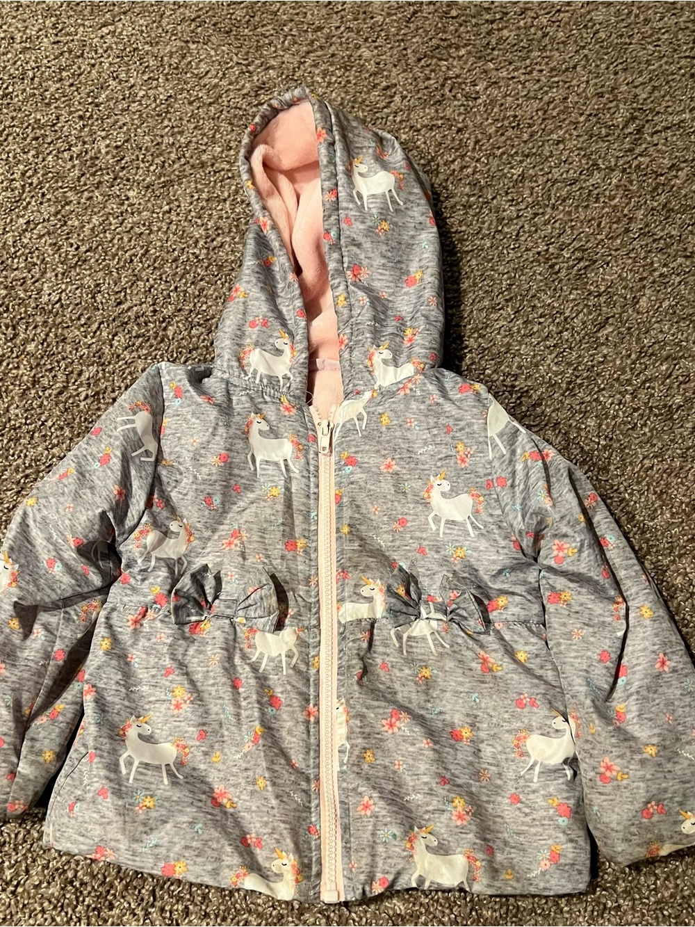 Penelope Mack Gray Unicorn Print Hooded Puffer with Pink Lining